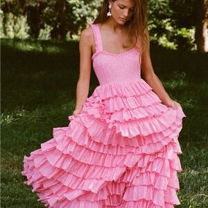 LoveShackFancy Pink Ruffled Maxi Dress